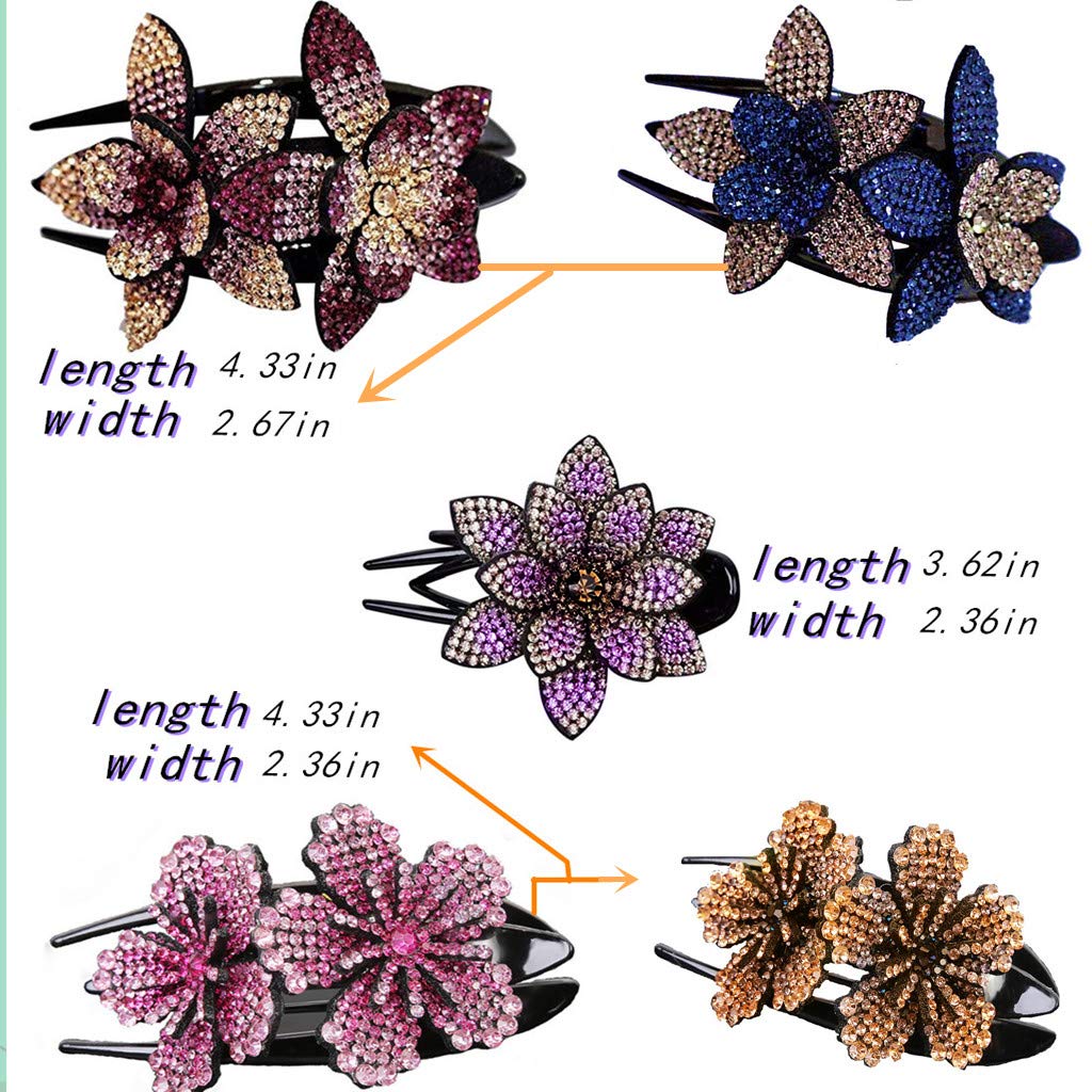 5 PCS Double Flower Rhinestone Hair Clip Elegant hair Accessories Long Hair Adult Hair Jewelry For Women Crystal Thick Hairpin