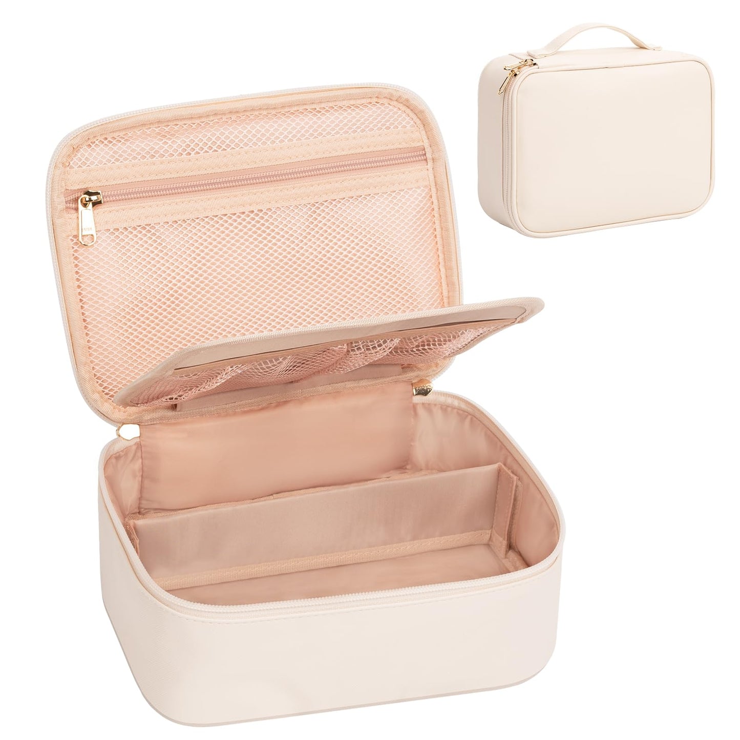 Makeup Bag, Potable Make up Bag Cute Makeup Organizer Bag for Toiletry Cosmetics Accessories with Divider and Brushes Compartments, Makeup Travel Case Cosmetic Bags Women and Girls- Beige White