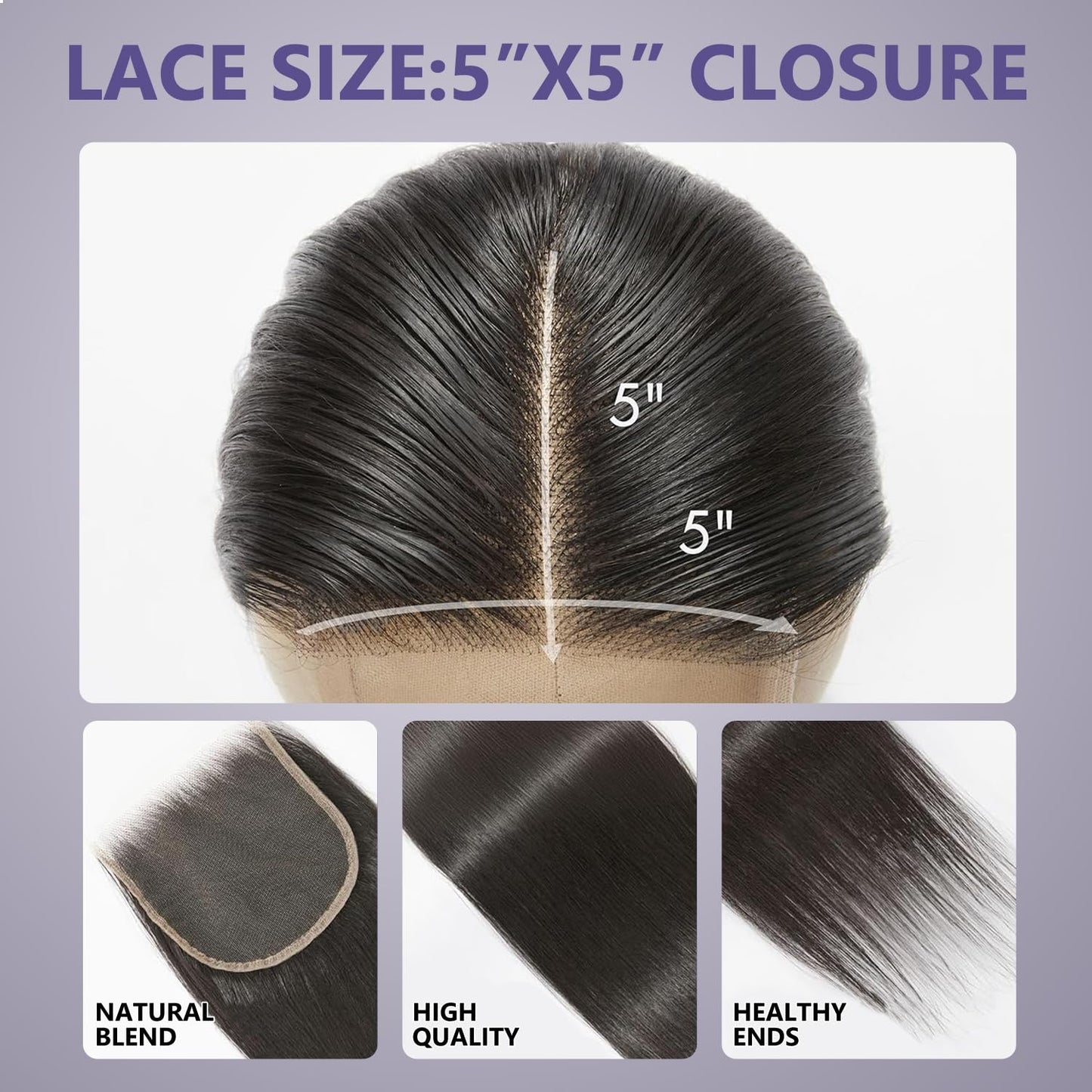 5x5 Transparent HD lace closure human hair Straight Invisible Lace 150% Density 12A Real Transparent Lace Closure Virgin Human Hair Frontal Closure Pre Plucked With Baby Hair Natural Black 22Inch