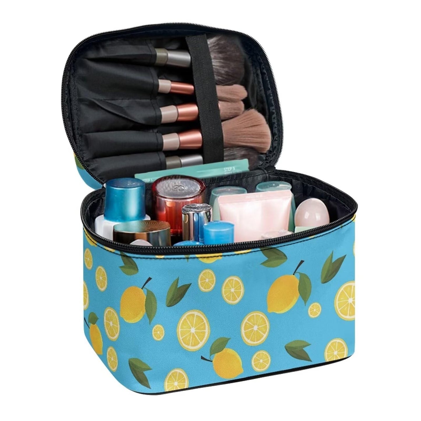 Psaytomey Travel Makeup Organizer Lemon Printed Cosmetic Bags Organizer Case for Storage Makeup Brush Tools Fits for Business Trips Camping Home Use