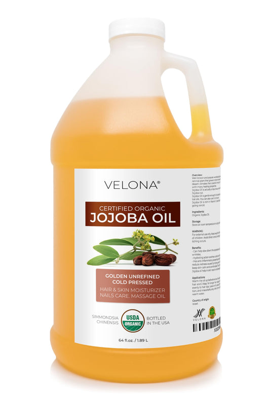 velona Jojoba Oil USDA Certified Organic - 64 Fl Oz | 100% Pure and Natural Carrier Oil| Golden, Unrefined, Cold Pressed, Hexane Free