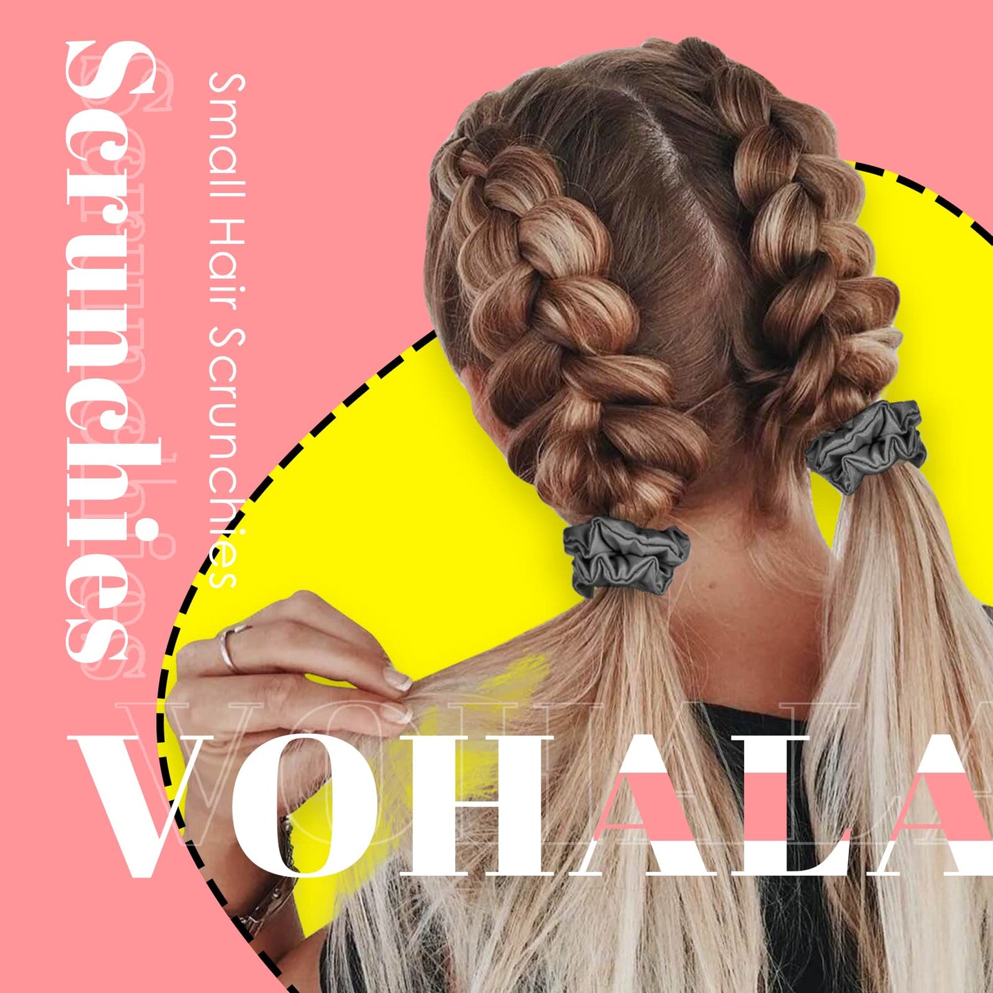 VOHALA 30 Momme Mulberry Small Silk Scrunchies, 5PCS Skinny Silk Scrunchies for Hair & 2PCS Strong Hair Ties Ponytail Holder, Total 7PCS No Damage Luxury Hair Ties for Women (Black)