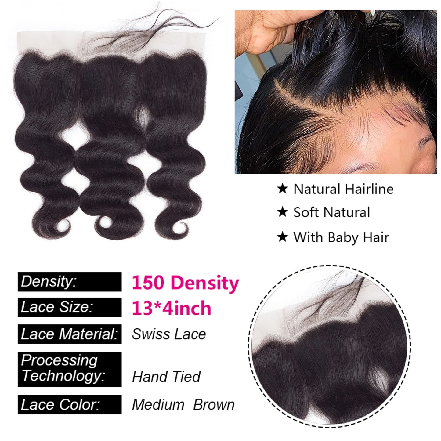 Body Wave 100% Remi Brazilian Virgin Hair 13X4 Ear to Ear HD Clear Lace Frontal Closure Body Wave Human Hair Pre-Pull Baby Hair extension Black Natural color 150 Density (18 Inch, 13X4 frontal)