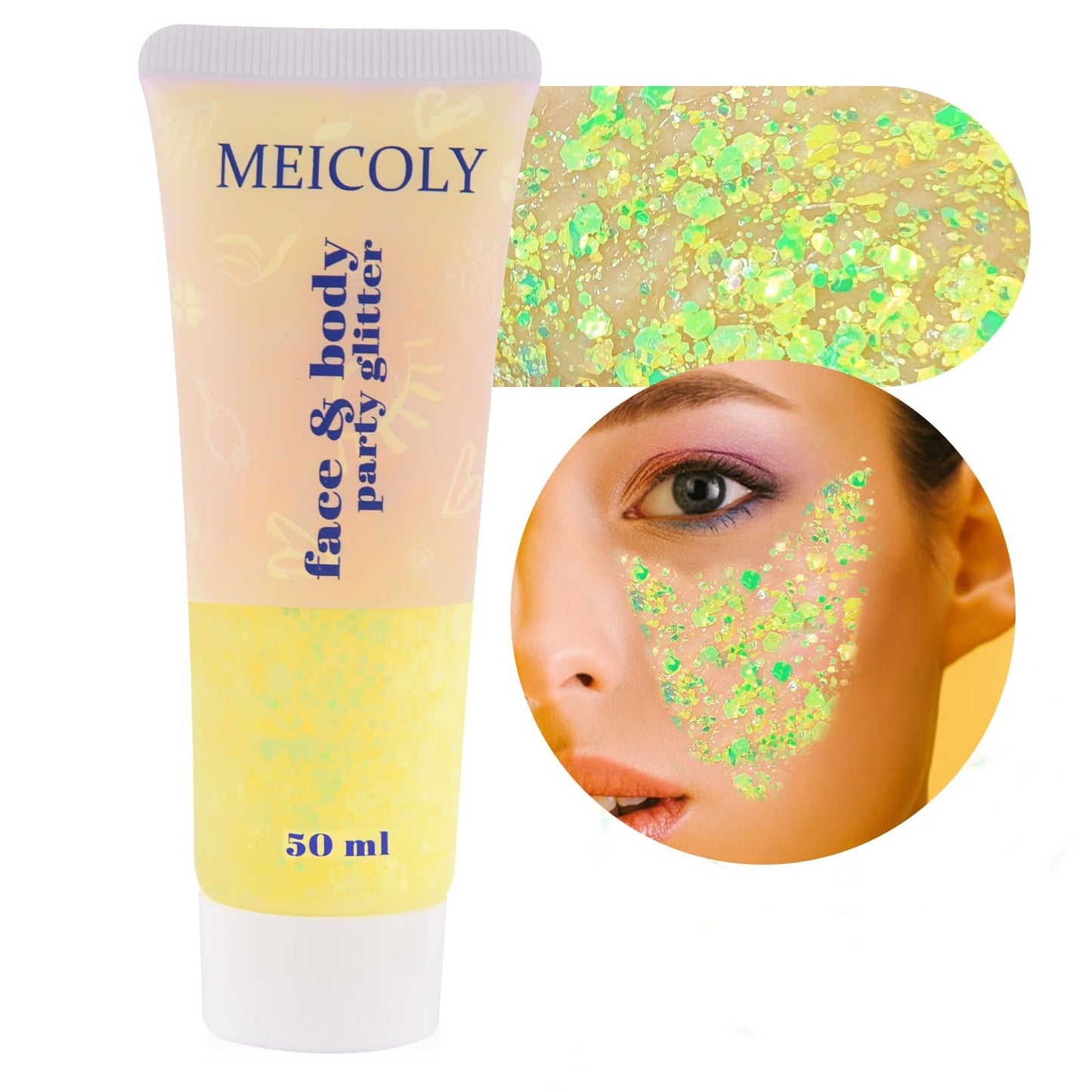 MEICOLY Chameleon Yellow Body Glitter,Chunky Face Glitter Paint,Color Changing Mermaid Face Glitter Gel,Holographic Glitter Sequin for Face Body Hair,Festival Party Cheer Glitter Makeup,50ml