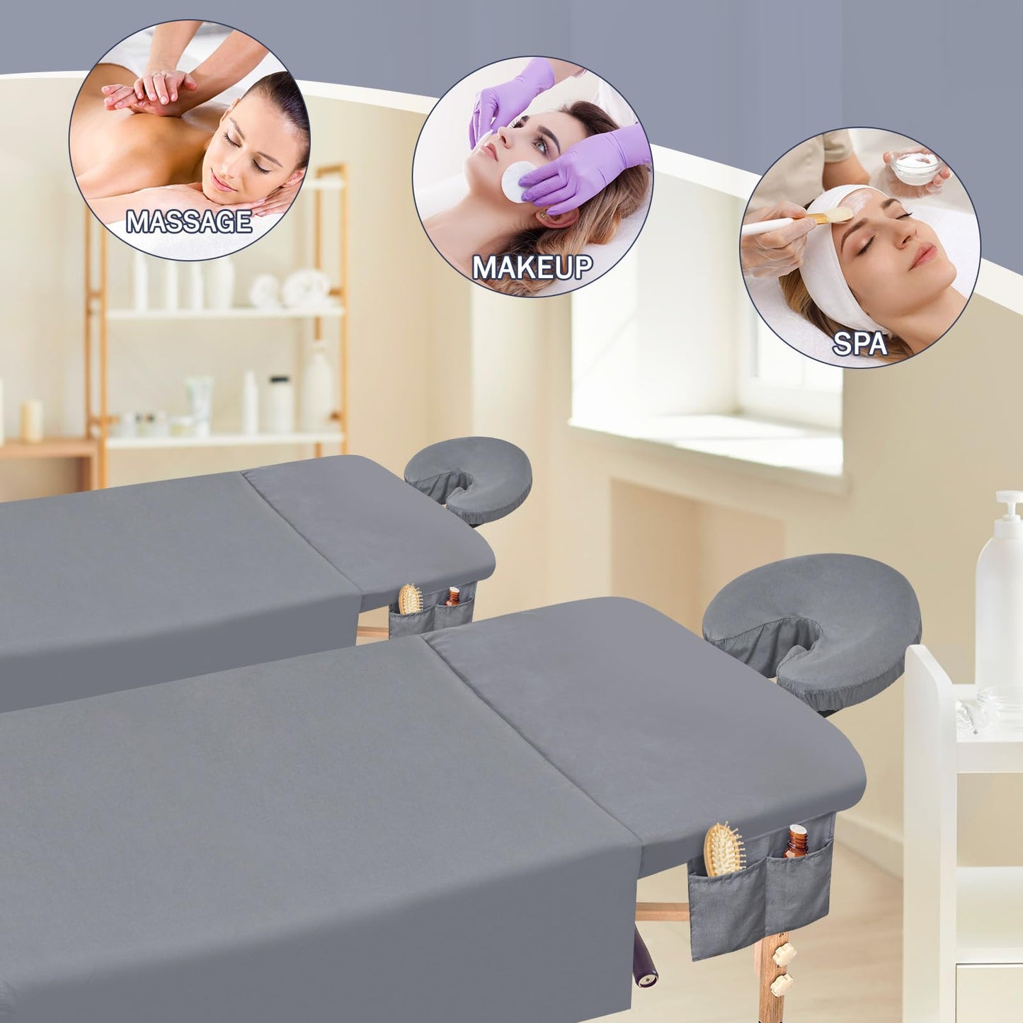 18Pcs Microfiber Massage Table Sheets Set, 6Sets Massage Sheet Set with Storage Pocket Include Massage Table Cover, Massage Fitted Sheet, Massage Face Rest Cover for Beauty Salon Spa Hair Salon (Grey)