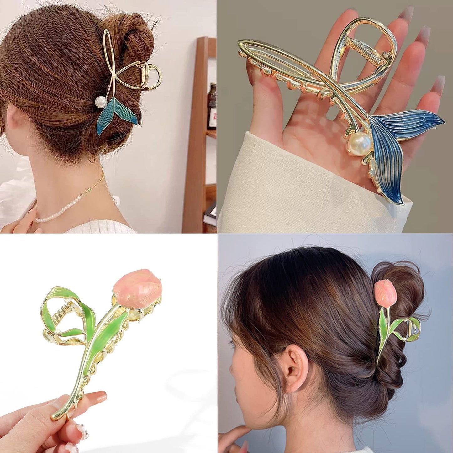 Flower Metal Hair Claw Clips 6 Pcs Cute Large Tulip Hair Claw NonSlip Hair Barrettes Strong Hold Hair Clamps Fashion Hair Accessories for Woman Girls with Long Thick Thin Curly Hair (B Style)