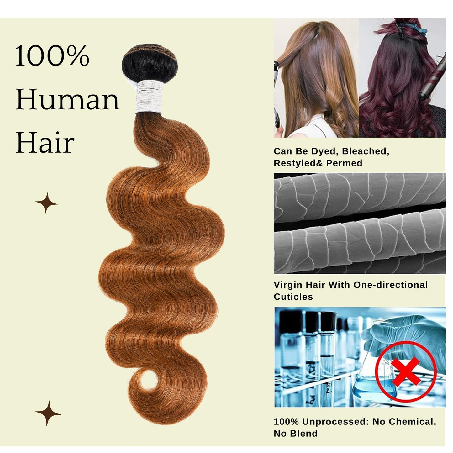 ALHER T1B/30 Ombre Brown Human Hair Bundles 22 IN, 10A Body Wave Black Root Ombre Blond Colored Human Hair Single Bundle, 100% Brazilian Virgin Remy Human Hair for Women Soft Thick Double Weft