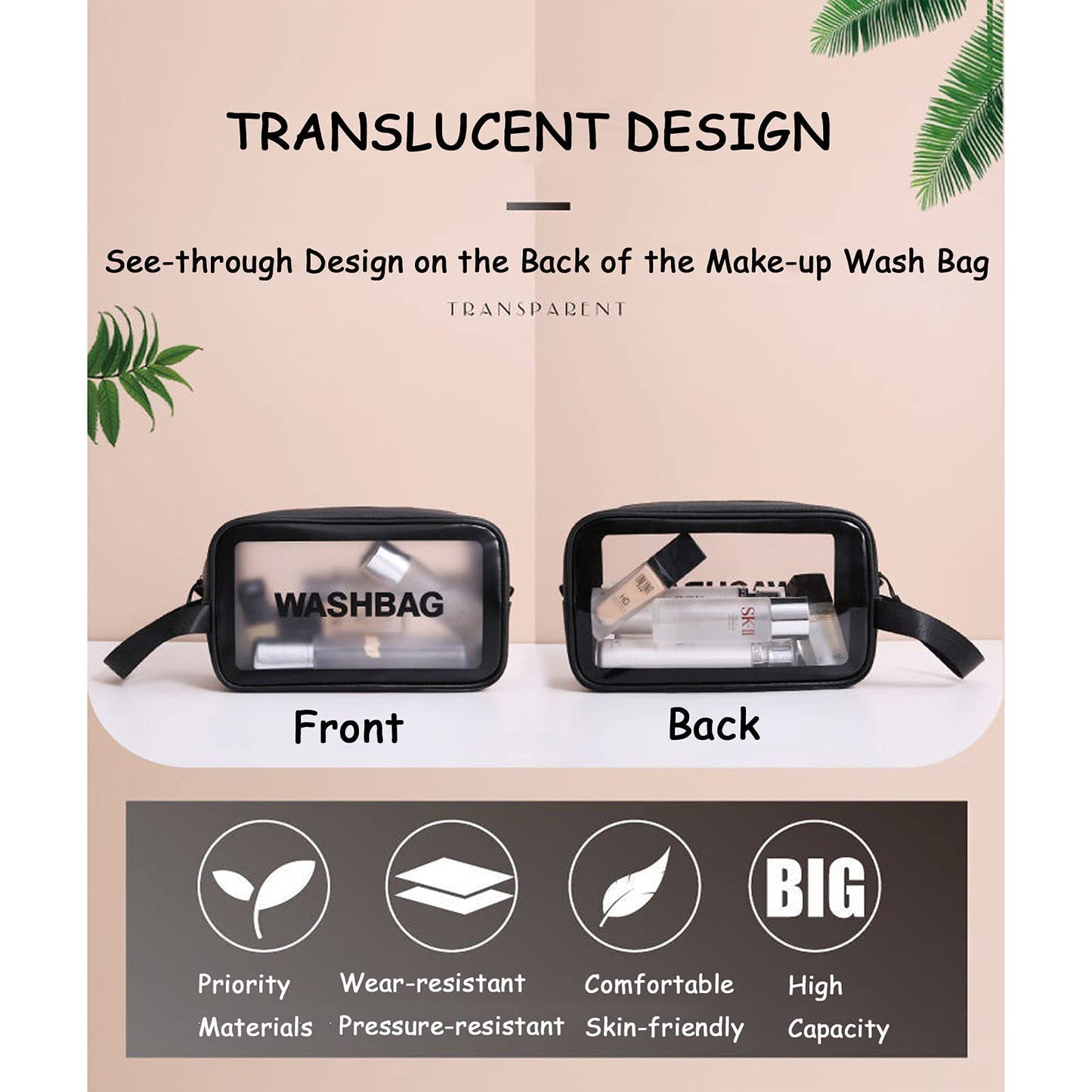 Travel Toiletry Bag for Women Men, Translucent Waterproof Travel Makeup Cosmetic Pouch Traveling Organizer for Toiletries, Cosmetic, Accessories CynynYxy (A-Black)