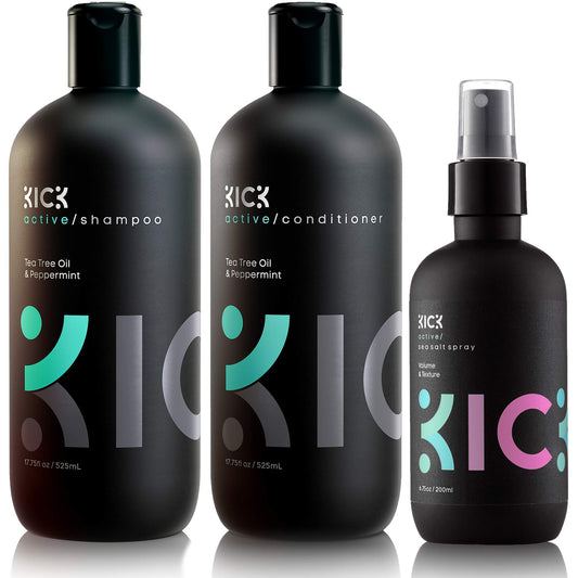 Kick Shampoo +Conditioner +Sea Salt Spray-Style Essentials Bundle High Performance Anti-Dandruff Cleansing/Conditioning for Thinning Hair, Natural Texturizing Spray for Volume-For Men & Women