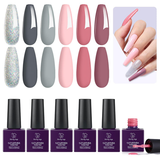 "Forever Yours" Gel Nail Polish Set 6 Elegant Pastel Colors,7.5ml Each - Includes 5 Solid Colors in Pink Grey & 1 Silver Glitter Gel Polish,UV Nail Lamp Cured,DIY Gel Manicure Nail Salon Home,Soak off