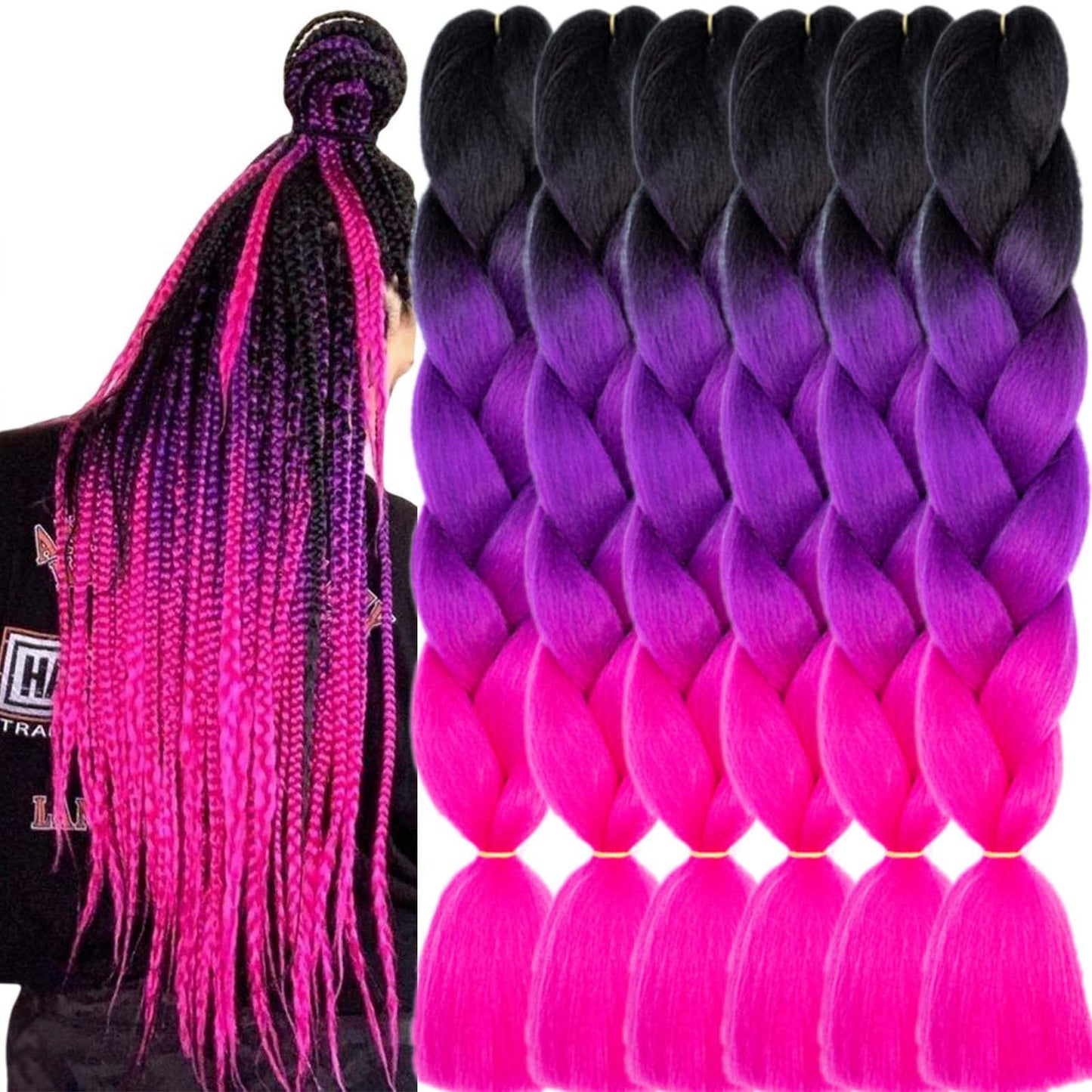 LILYKA SHOW 6 Packs 24 Inch Braiding Hair Extensions for Women Kanekalon Braiding Hair Ombre Jumbo Braiding Hair Extensions High Temperature Synthetic Braiding Hair for Twist Crochet Braids(6 Packs 24",Black to Purple to Rose)