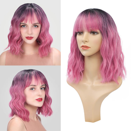 Wigs for Women - Ombre Hot Pink Wig with Bangs for Women, Short Wavy Bob Wig, Colorful Medium Length Wig, Pastel Colored Cosplay Wig Synthetic Costume Wigs, Halloween Wigs…