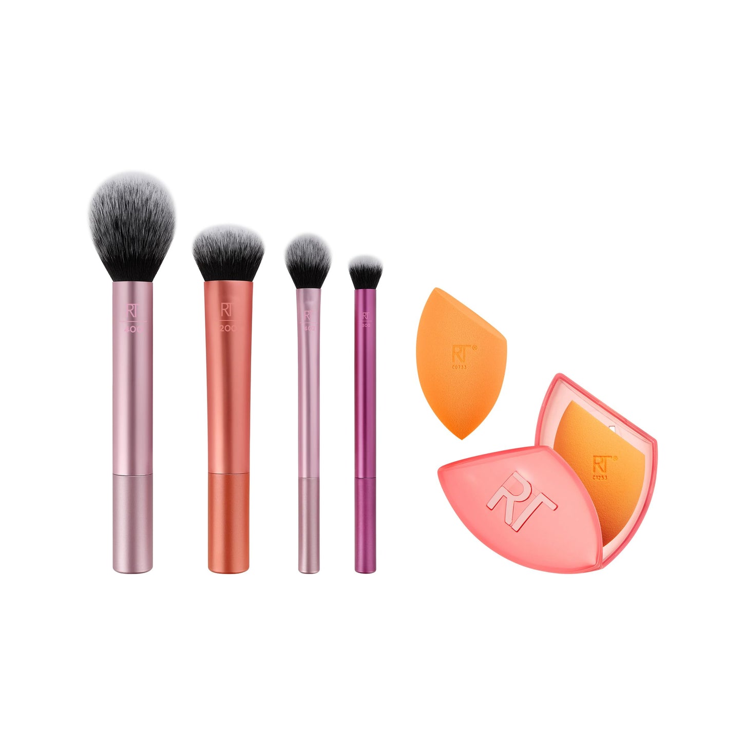 Real Techniques Makeup Brush Kit with Travel Sponge Blender Bundle, Face Makeup Brushes & Sponge, Beauty Sponge Travel Case, For Liquid, Cream, & Powders, Travel-Friendly, 7 Piece Set