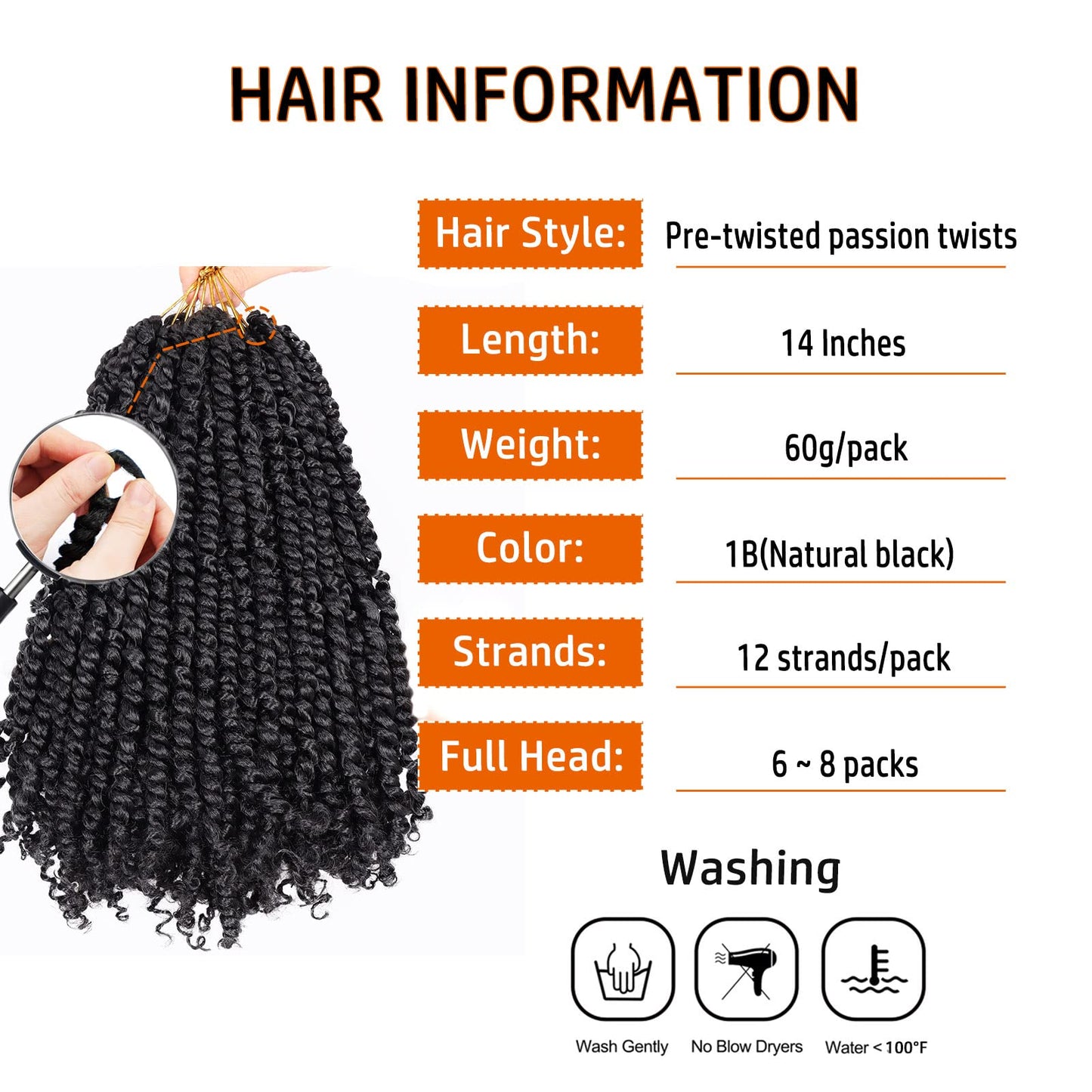 Passion Twist Hair 14 Inch Pre-twisted Passion Twist Crochet Hair for Women Pre-looped Water Wave Crochet Braids Bohemian Curly Crochet Hair Synthetic Hair Extensions 8 packs 1B