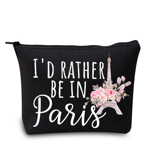 LEVLO Funny Eiffel Tower Cosmetic Make Up Bag France Paris Travelers Gifts i'd Rather Be In Paris Makeup Zipper Pouch Bag (Be In Paris Black)