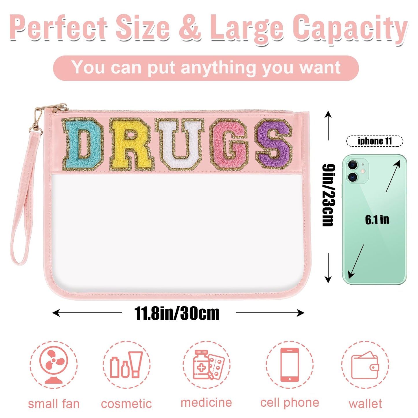 Chenille Letter Clear Bag DRUGS Makeup Pouch, Waterproof Medicine Bag for Traveling Preppy Zipper Pouch with Wristlet, Women Portable Small Cute Glitter Preppy Cosmetic Pouch Toiletry Bag(DRUGS-Pink)