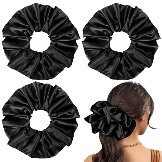 9.5 inch Silk Scrunchies Oversized Scrunchie Jumbo Scrunchies Giant Silk Scrunchie Extra Large Satin Scrunchies Thick Elastic Fluffy Hair Ties for Women and Girls 3 Pack (Black, Black, Black)