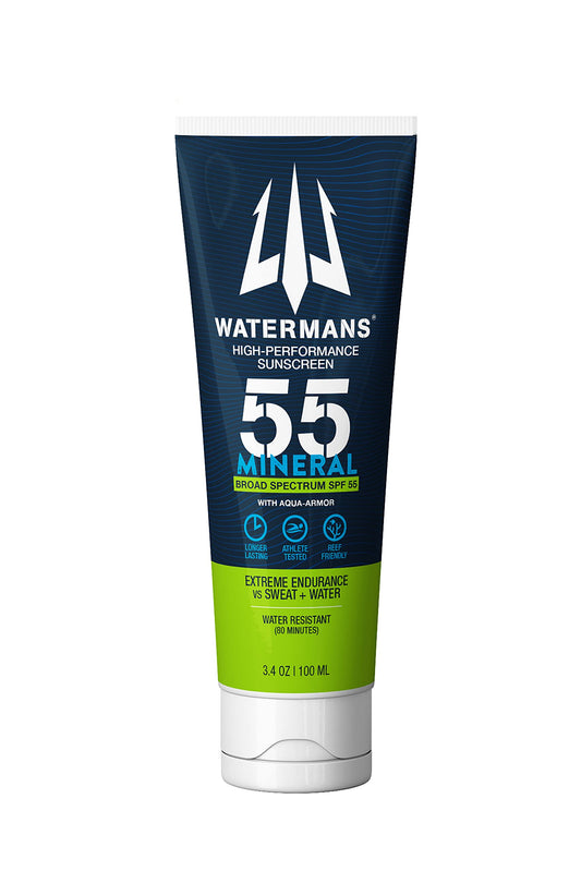 Watermans Mineral SPF 55 Sunscreen with Zinc, Aqua-Armor, Broad Spectrum Sunscreen for Face and Body, Reef Safe Sunscreen, Water Resistant, Mineral Sunscreen