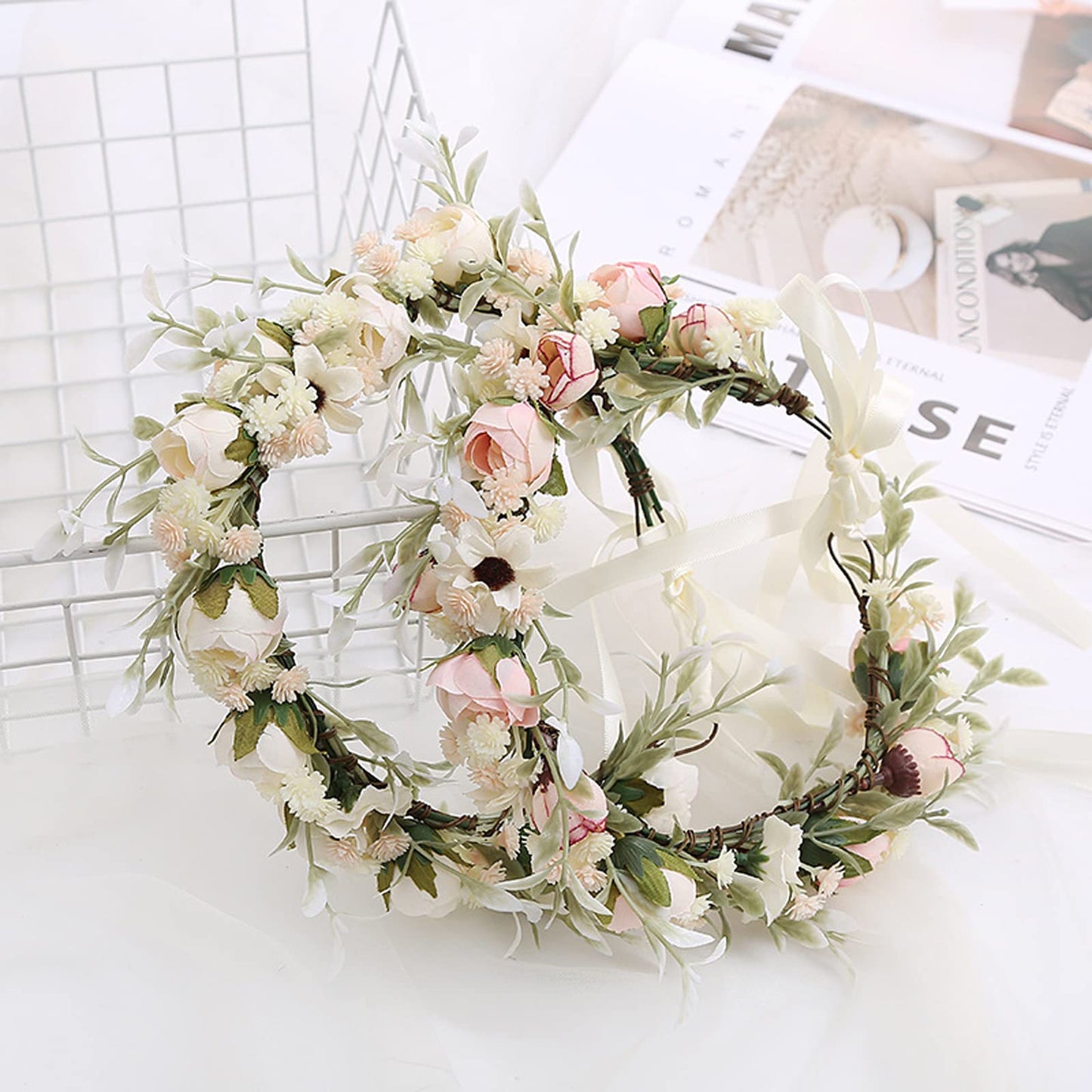 Lopsity Women Rose Floral Flower Crown Headband Rose Halo Wreath Wedding Bridal Hair Garland Ajustable Flower Hair Wreath (style2-pink)