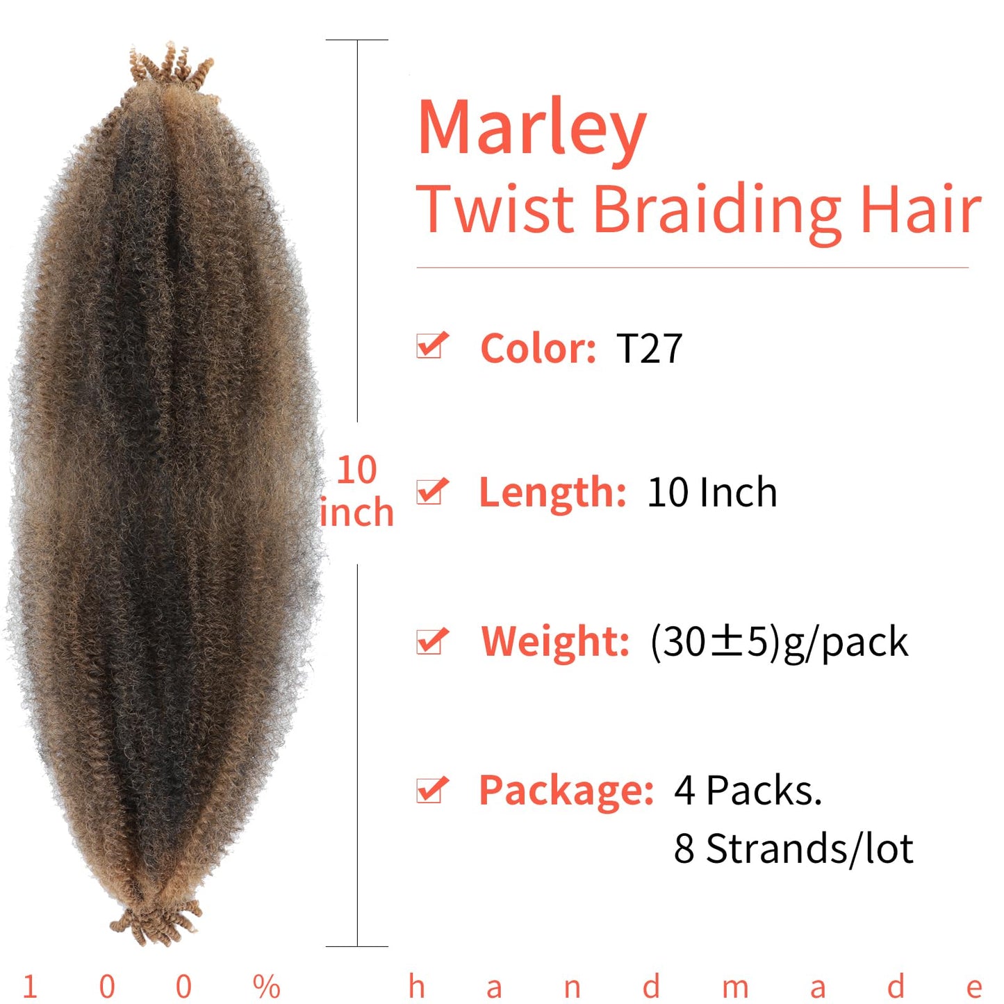 Anemoi Marley Twist Braiding Hair, 10 Inch 4 Packs Springy Afro Kinky Twist Hair For Braiding,Pre-Fluffed Spring Twist Hair, Twisted Up Marley Hair For Black Women Crochet Braids(10inch,4packs,T27#)