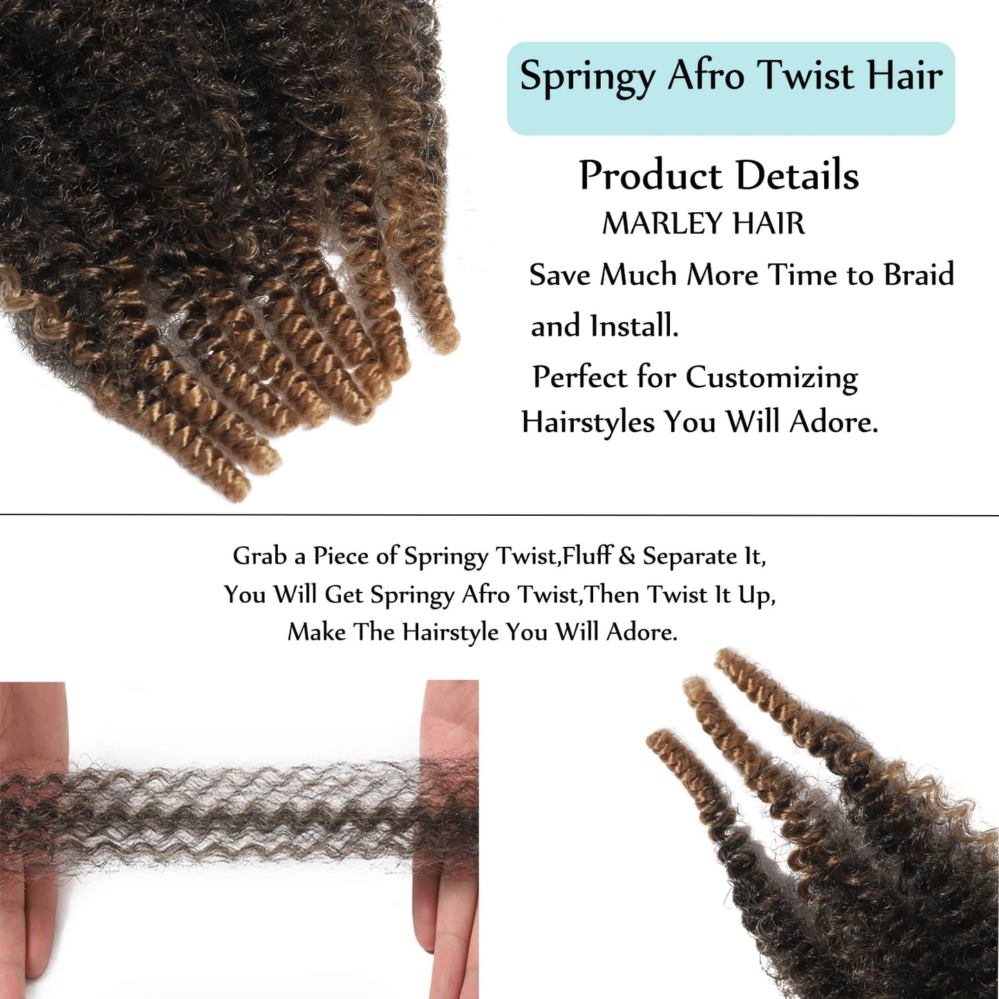 Springy Afro Twist Hair 24 Inch Marley Twist Braiding Hair 8 Packs Pre-Separated Kinky Braiding Hair Women Brown Afro Spring Twist Hair Long Marley Hair Wrapping Hair for Soft Locs