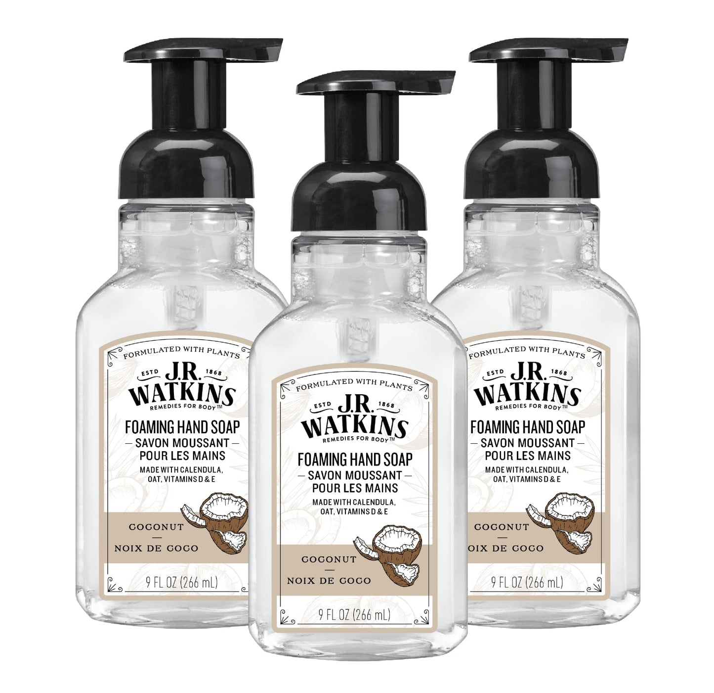 J.R. Watkins Foaming Hand Soap Pump with Dispenser, Moisturizing All Natural Hand Soap Foam, Alcohol-Free Hand Wash, Cruelty-Free, USA Made, Use as Kitchen or Bathroom Soap, Coconut, 9 fl oz, 3 Pack