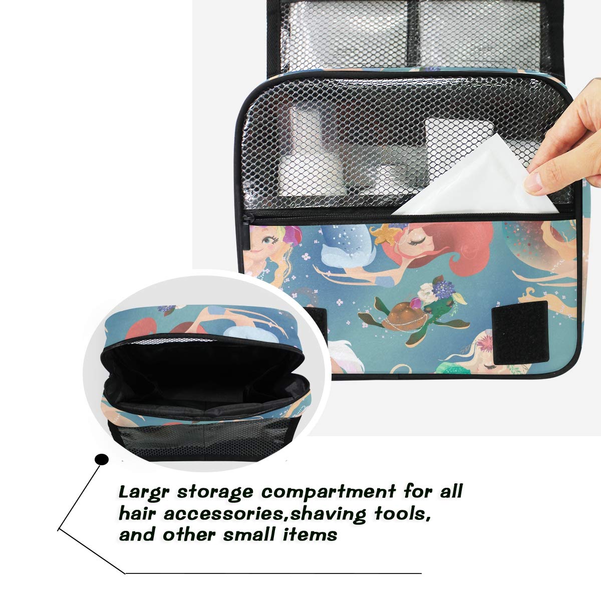 Hanging Travel Toiletry Bag Kit Makeup Case Cosmetics Organizer for Men Women (Mermaid Girls Princess)