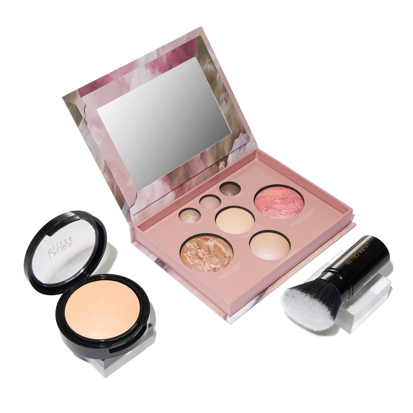 LAURA GELLER NEW YORK Matte Baked Starter Kit: Double Take Powder Foundation, Fair + Best of the Best Face Palette + Retractable Angled Kabuki Brush