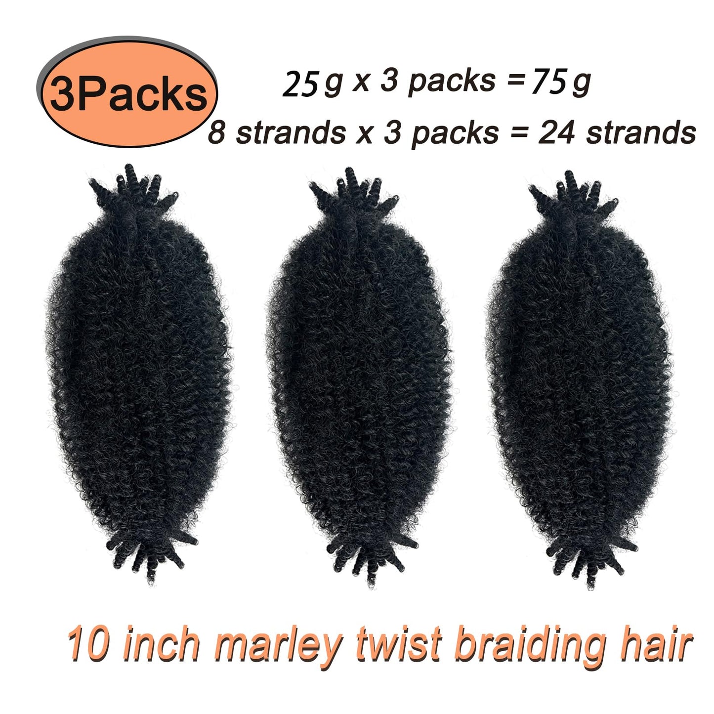 Marley Twist Braiding Hair 10INCH, Pre-Separated Springy Afro Twist Hair Kinky Twist Crochet Hair Braids for Distressed Soft Locs Spring Twist Hair for Women (Natural Black, 10 Inch(Pack of 3))