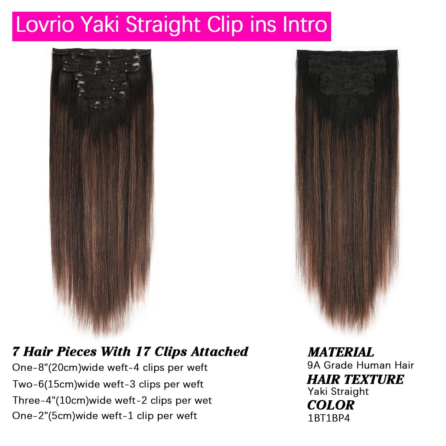 Lovrio Yaki Straight Clip ins Human Hair Two Tone Root Black to Natural Black #1B Mixed With Chocolate Brown #4 Yaki Clip ins for Black Women Double Weft Clips in Full Head 16inch 120g 7pcs