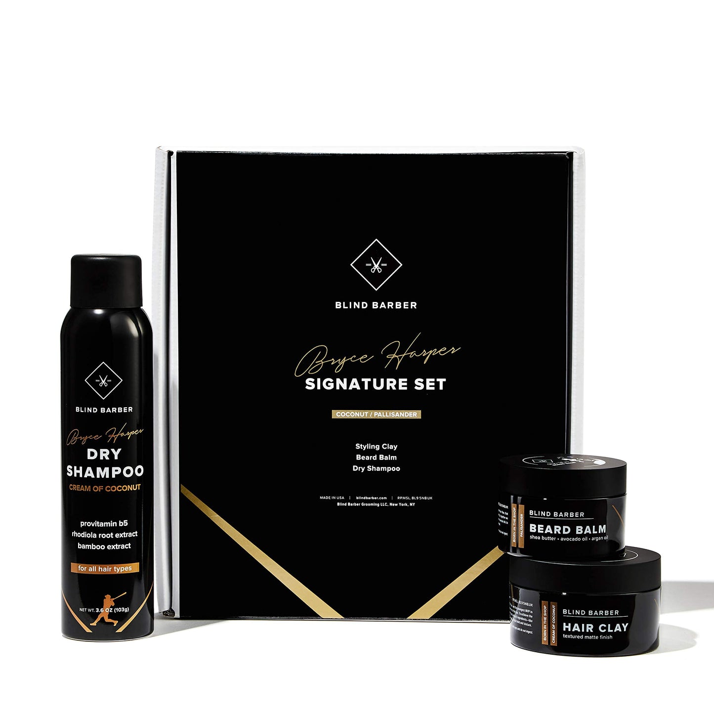 Blind Barber Bryce Harper Signature Series Gift Set - Men’s Hair, Beard & Grooming Kit with Dry Shampoo, Beard Balm, & Hair Clay Styling Paste for Men (3 Piece Set)