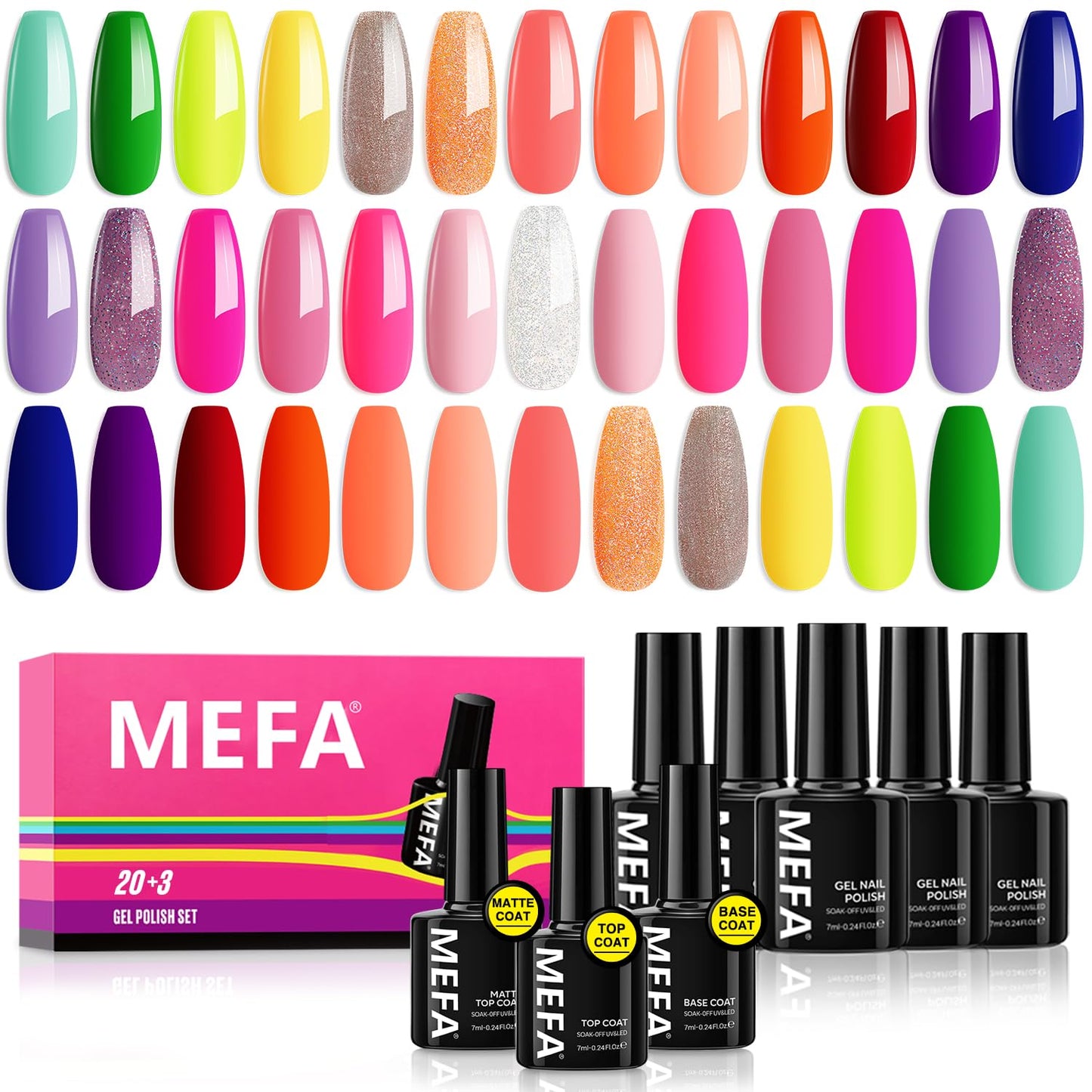 MEFA 23 PCS Gel Nail Polish Set, 20 Colors Neon Gel Polish with Glossy & Matte Top Base Coat, Summer Gel Nail Polish Colors Bright Yellow Hot Pink Navy Blue Green Nails Gifts for Women DIY Salon Home