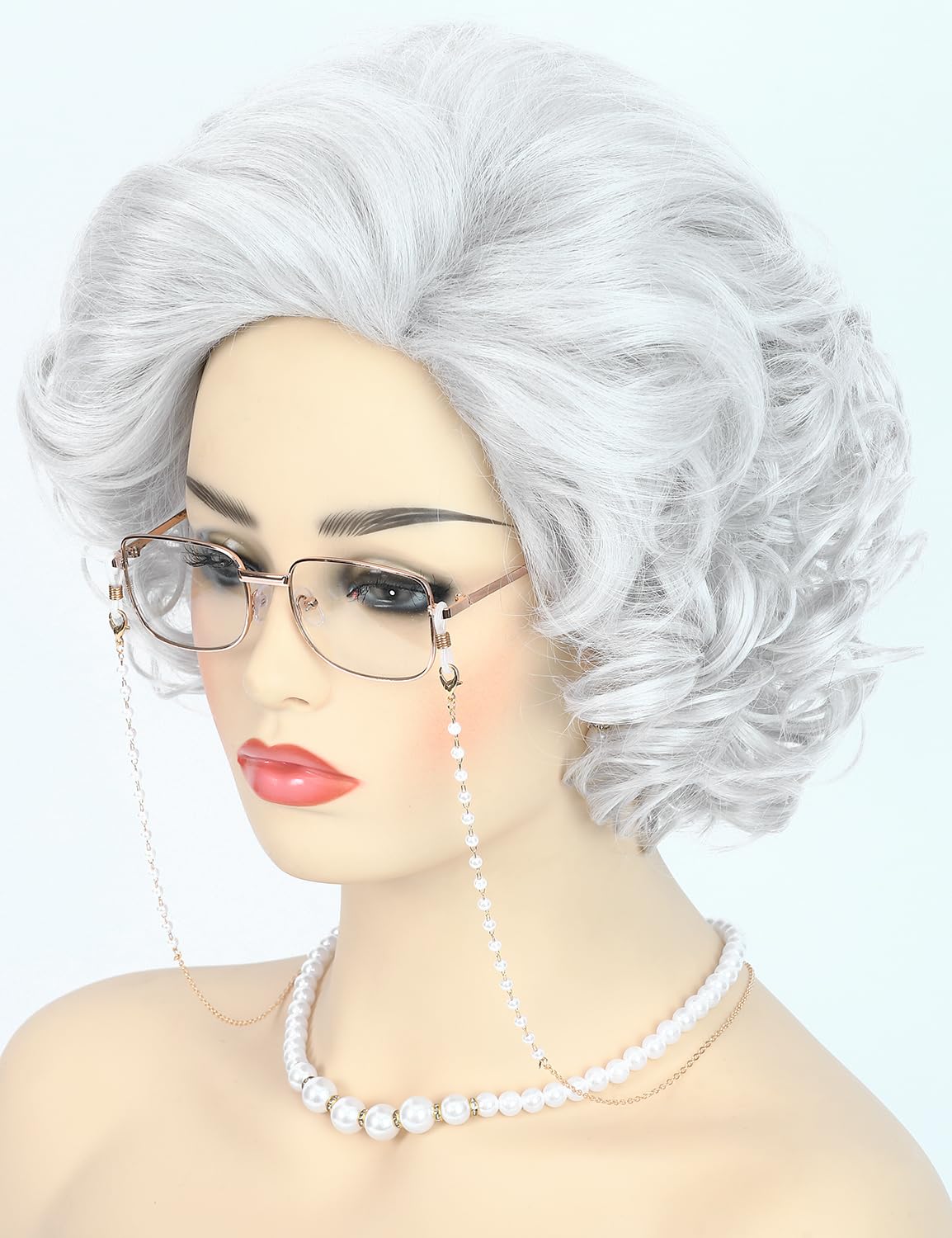 Bettecos Old Lady Wig Costume Set for Women Short Curly Grandma Wig and Glasses Silver White Granny Wigs for Old Woman Cosplay Halloween Party (Silver White/Old Lady)