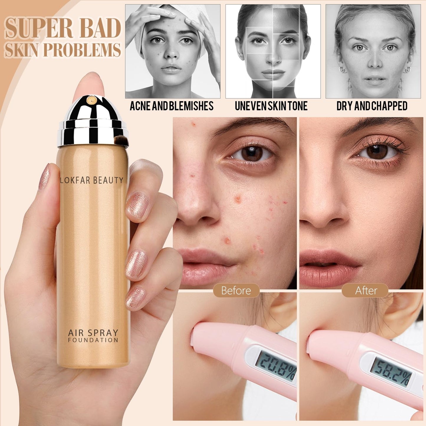 LOKFAR AirBrush Foundation Spray, Silky Mist Foundation Spray Makeup Set with Brush, Full Coverage Foundation for Smooth Radiant Finish, Formula Breathable Lightweight Hydrating | #03 Warm Peach