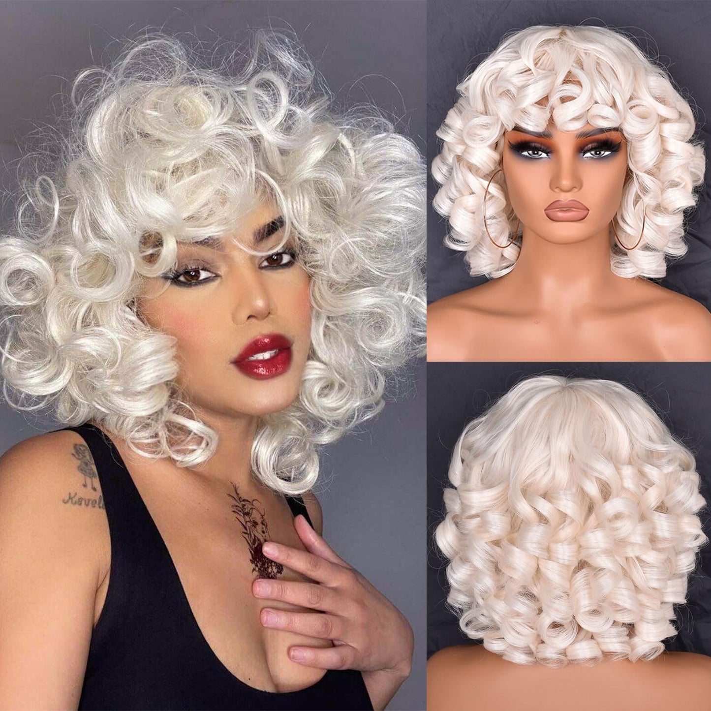 SOFUN Short Curly Wigs for Black Women Afro Curly Wig with Bangs Loose Cute Curly Fluffy Wavy Big Bouncy Fluffy Curly Wig(White)