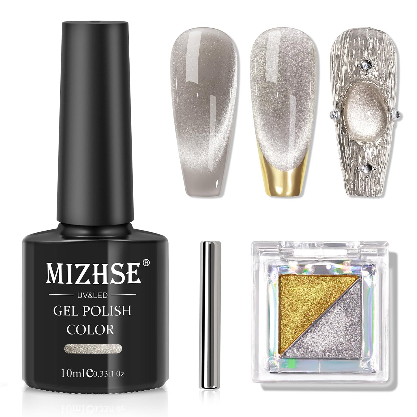 MIZHSE Cat Eye Gel Nail Polish: Silver Magnetic Gel Polish with Magnet Stick Metallic Mirror Chrome Powder, Maillard Style Magic Effect Galaxy Shimmer Holographic Nail Gel Soak Off Nail Art Salon