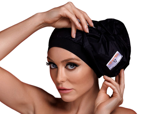 Tube-A-Do Luxury Waterproof Shower Cap - Innovative Open-Ended Design - Black