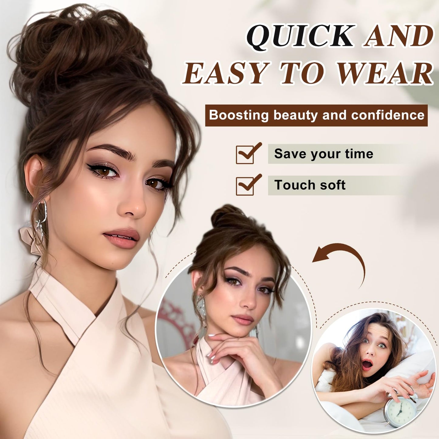 HMD 100% Human Hair Bun Messy Bun Extensions Human Hair Messy Rose Bun Hair Piece Curly Hair Bun with Elastic Band Hair Bun Hair Extensions Tousled Updo Hairpieces for Women(Brown Black)