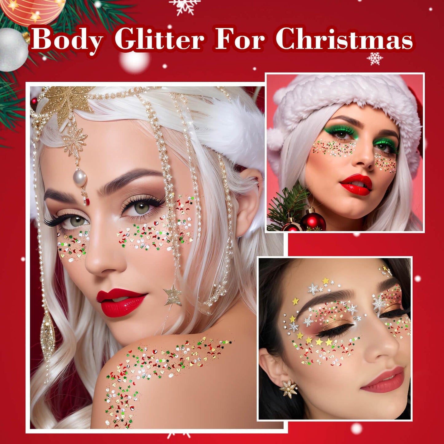 MEICOLY Christmas Body Glitter,Mermaid Face Glitter Chunky Glitter Gel,Christmas Stocking Stuffers,Sparkling Sequins Glitter Face Paint,Christmas Makeup Festival Glitter for Women and Kids,50ml