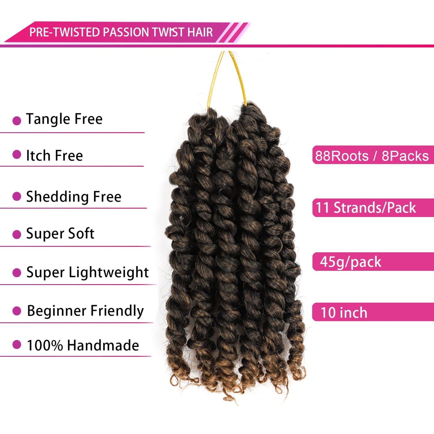 Pre-twisted Passion Twist Crochet Hair Pretwisted Crochet Braids Hair for Black Women Bohemian Pre-looped Braiding Hair Extensions (10 Inch (Pack of 8), 1B/27)