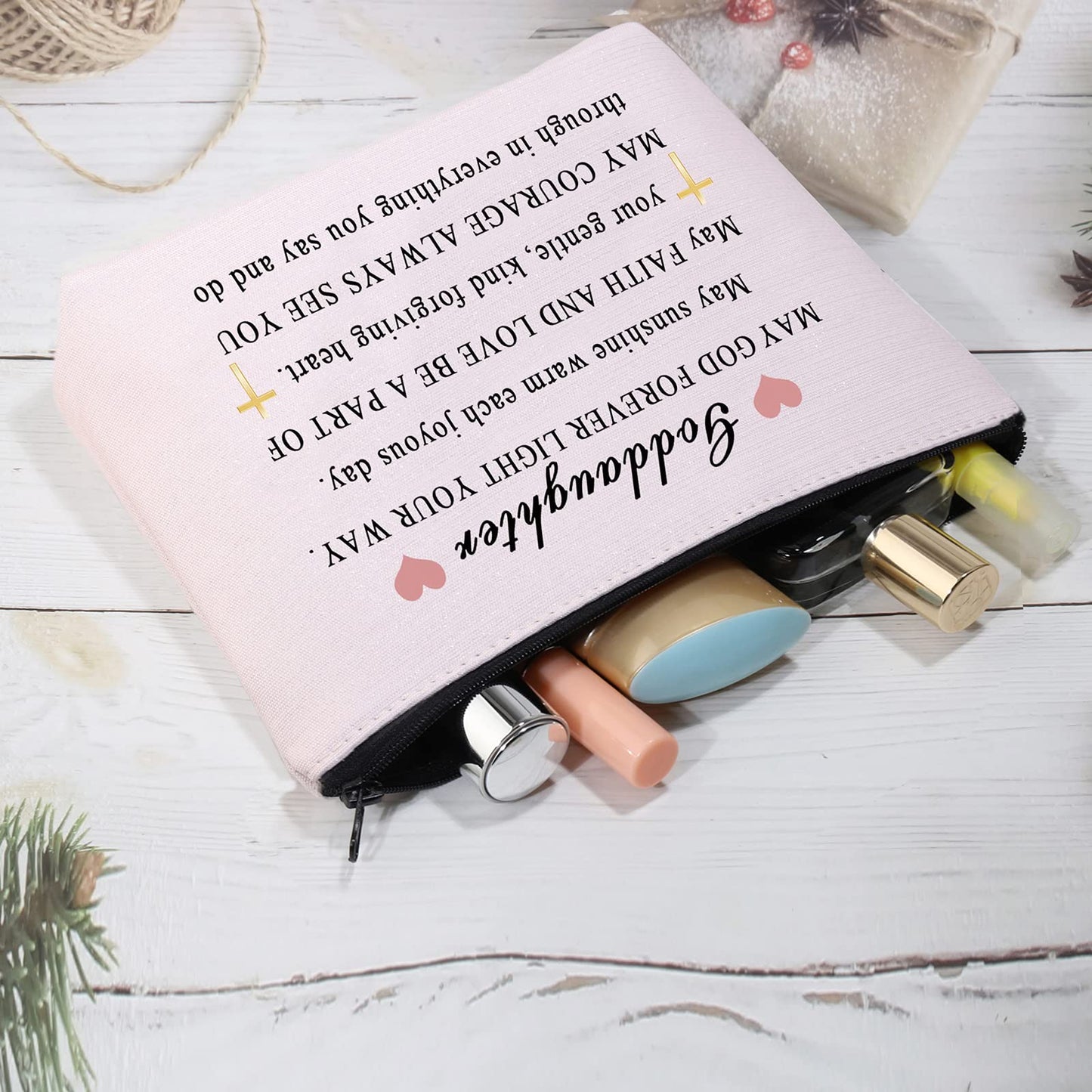 CMNIM Goddaughter Gifts Makeup Bag Goddaughter Religious Gifts Goddaughter Cosmetic Bag Zipper Pouch May God Forever Light Your Way (Goddaughter Makeup Bag Pink)