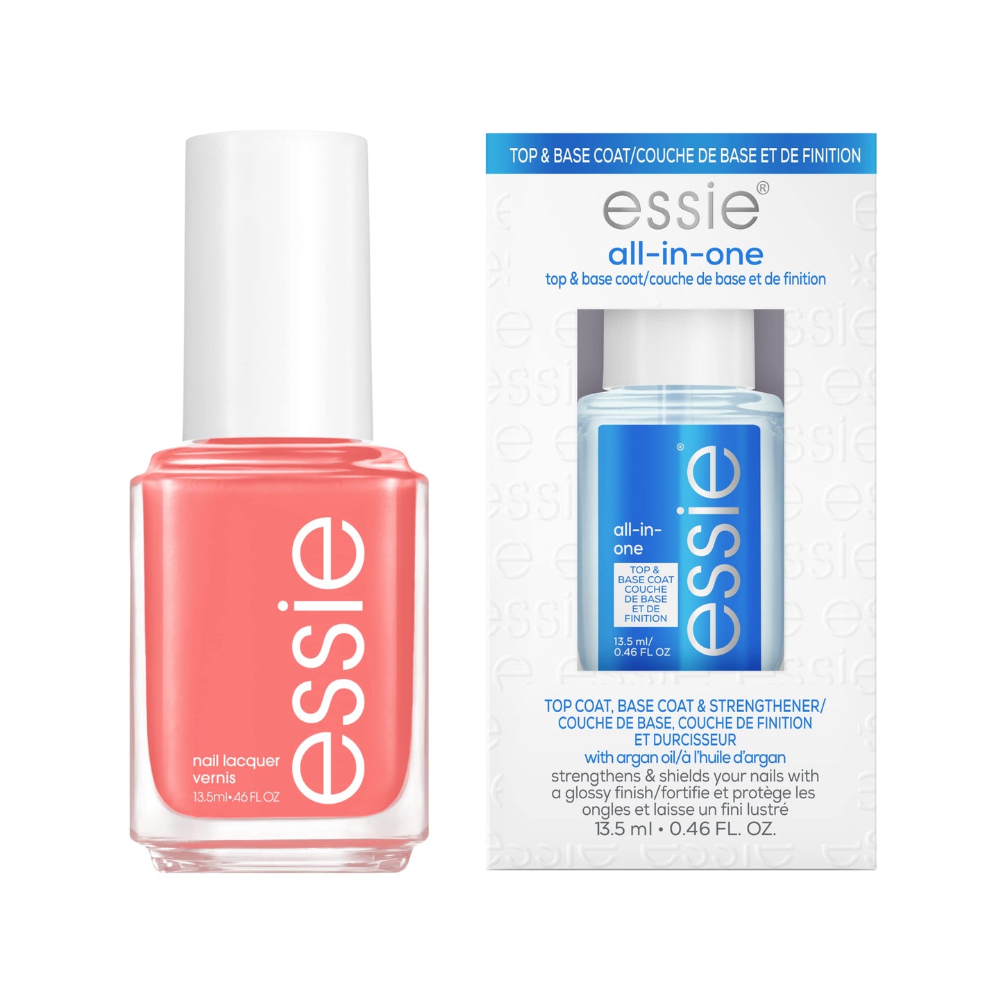 essie Salon-Quality Nail Polish Bundle, Vegan, Peachy Coral, Peach Side Babe + All In One Base Coat and Top Coat, 0.46 fl oz each