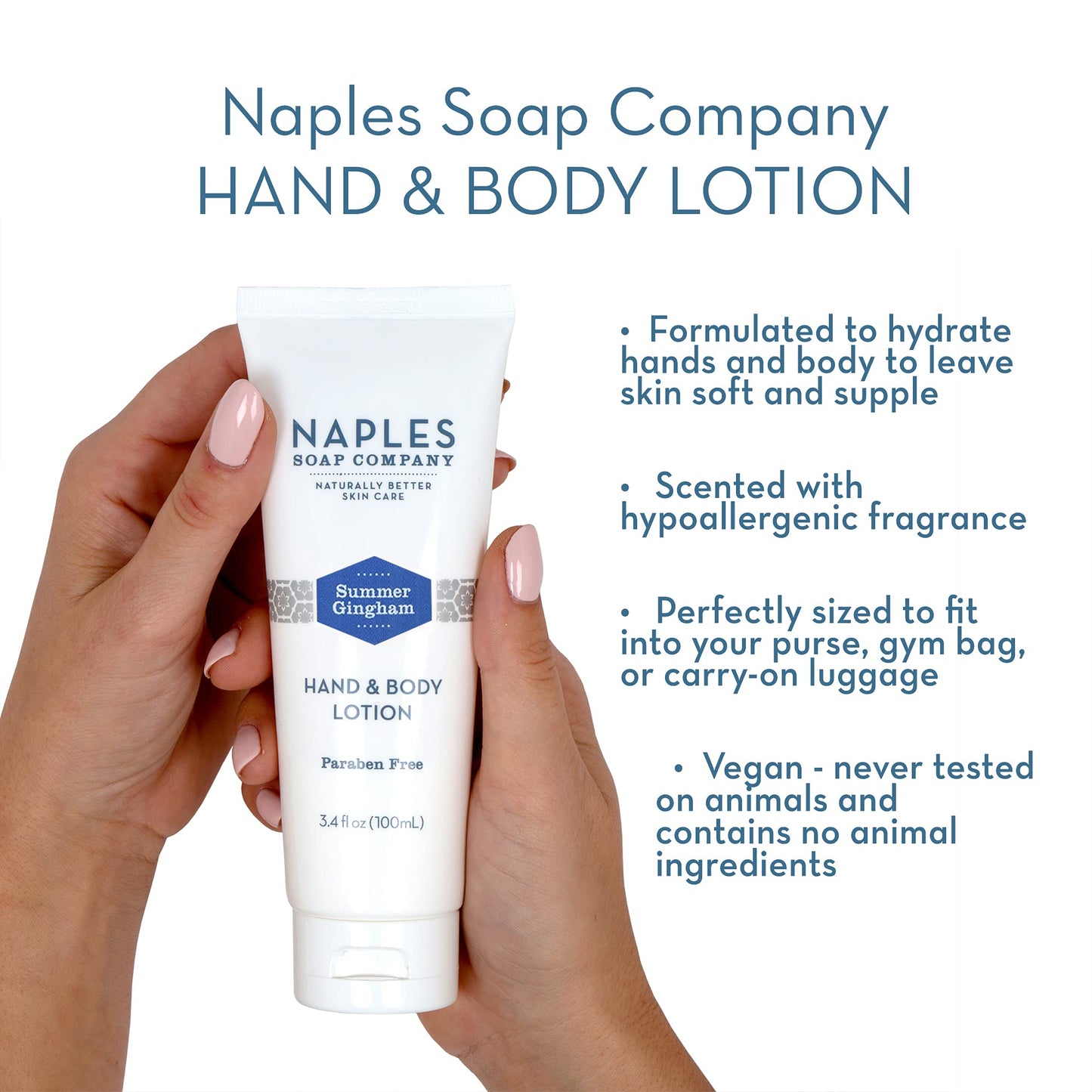 Naples Soap Company Lightweight and Nourishing Vegan Hand & Body Lotion - Silicone-Free Hydrating Skin Care, Made with Natural Moisturizing Ingredients for Soft, Supple Skin - Summer Gingham, 3.4 oz