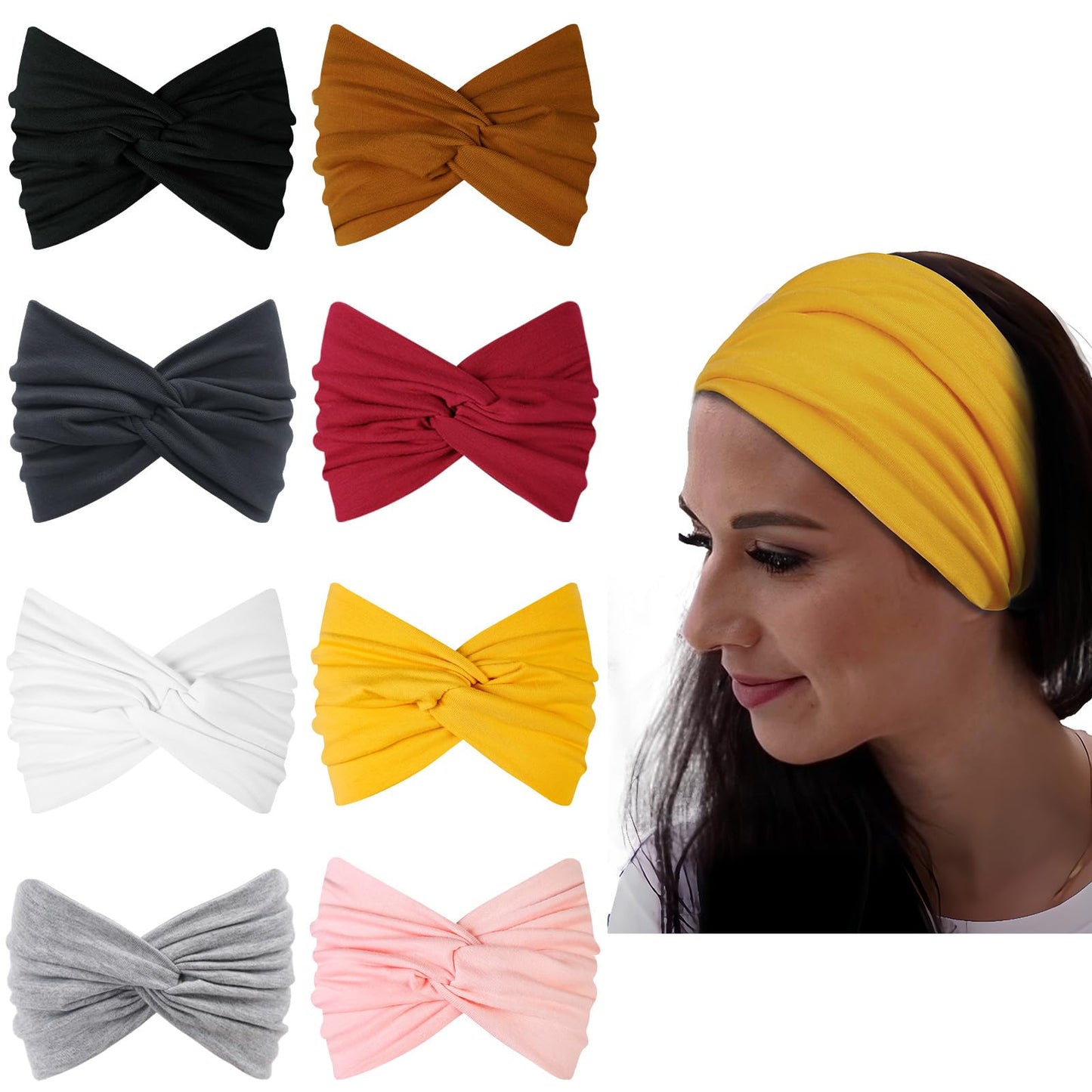 Boho Headbands for Women Wide Turban Headband Sports Yoga Running Hair Band Non Slip Elastic Sweat Head Bands 8 Pcs