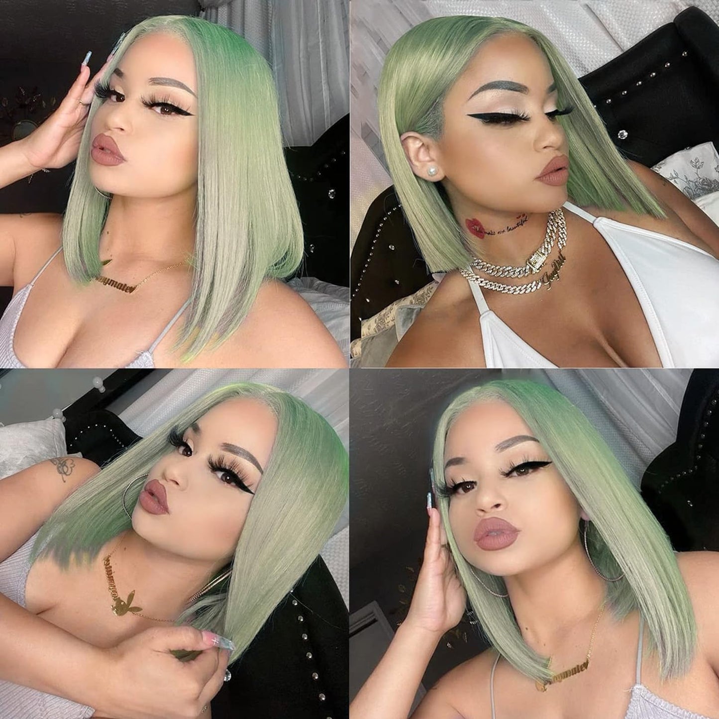 Mint Green Bob Wig Human Hair 10Inch Straight 13x4 HD Transparent Lace Frontal Wig Free Part Wig Short Bob 100% Human Hair Pre Plucked with Baby Hair and Natural Hairline for Women(10Inch,Mint Green)