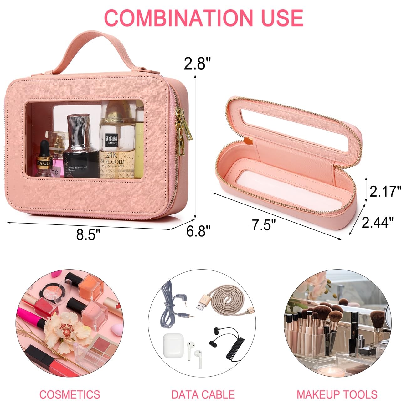 Pinkmik Clear Makeup Bag Portable Brush Bag transparent Travel Cosmetic Case Clear Toiletry Makeup Bag with Zipper for Women (B/Pink,slim)