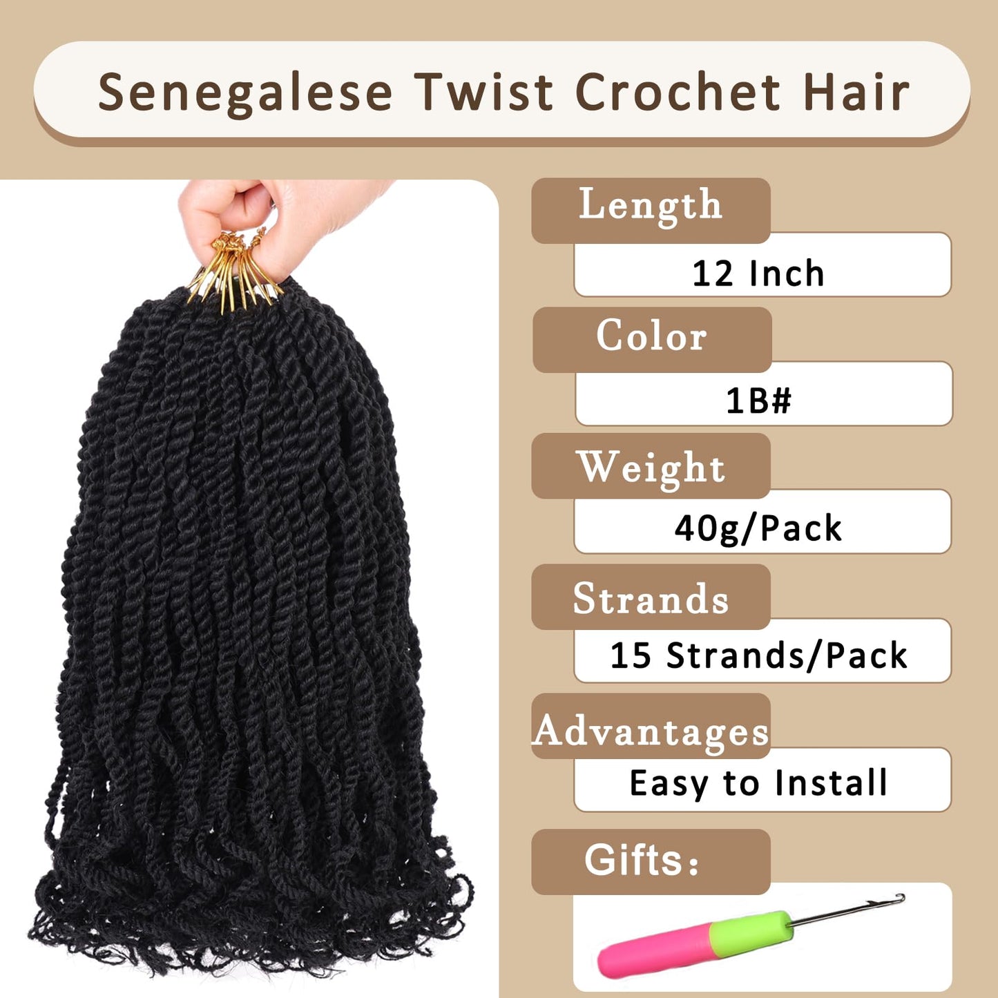 Kachanaa 8 Pack Wavy Senegalese Twist Crochet Hair With Curly Ends for Women 12 Inch Synthetic Pre Looped Short Kids Crochet Braids Pre Twisted Small Havana Twist Braiding Hair Extension 1B#