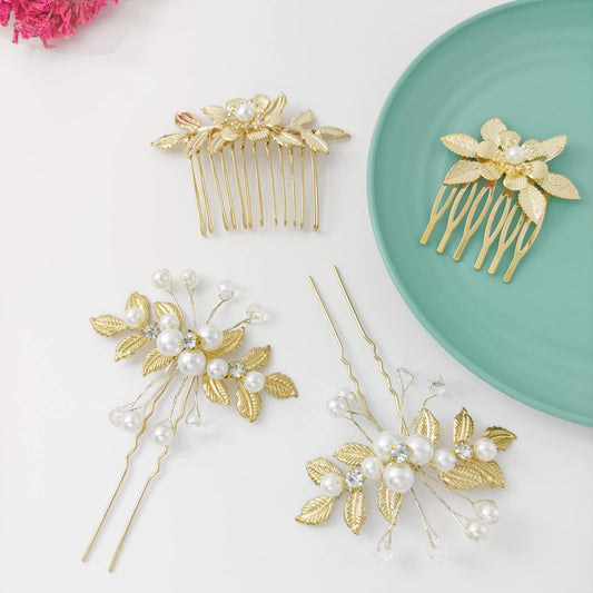 QUEOUNR Gold Bridal Hair Comb, 4PCS Wedding Hair Combs with Rhinestone Pearl Hair Pins Clips Head-piece Hair Accessories for Women Girls,H21