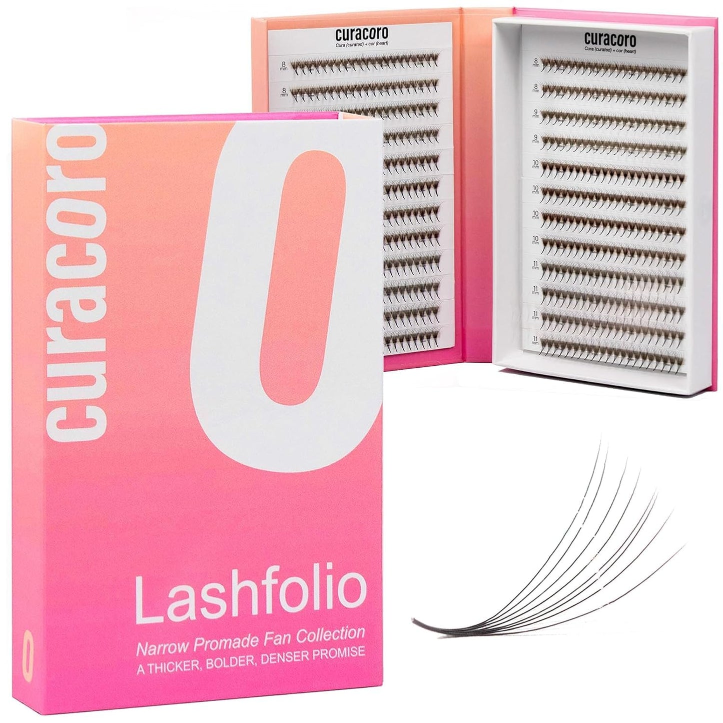 Curacoro LashFolio Narrow Promade Fans, Handmade Volume Eyelashes, 5D~10D, C CC D Curl, Thickness 0.03~0.07mm, 8-15mm Length, Professional Long-Lasting Promade Lash Fans (6D-0.07 CC, 8mm-11mm)