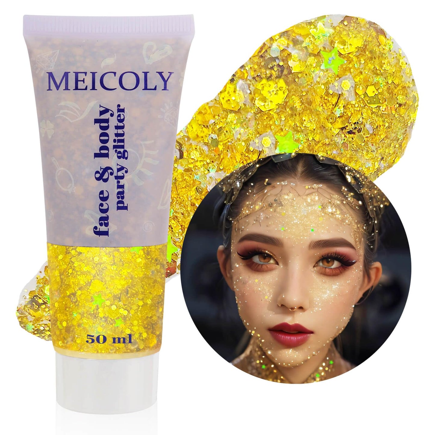 MEICOLY Gold Body Glitter,Music Festival Outfits for Women,Face Glitter Gel Festival Accessories,Chunky Glitter Face Paint,Mermaid Sequins Hair Glitter Makeup,Sparkle Body Glitter Gel for Women Kids